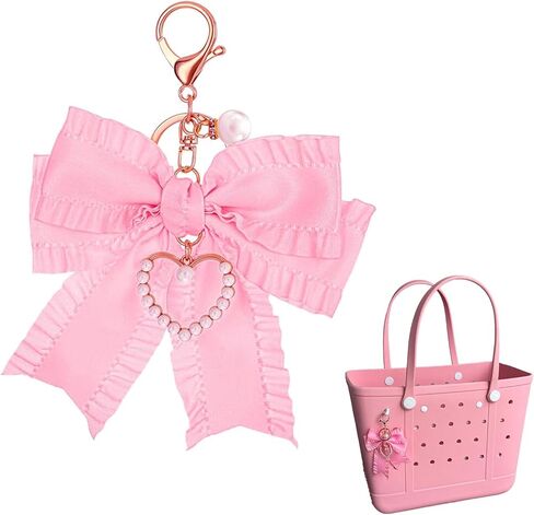 Pink bow Purse Charm, Cute Pearl Heart-Shaped Bow Keychain, Wallet Pendant, Bow Beach Bag Charm in Saudi Arabia