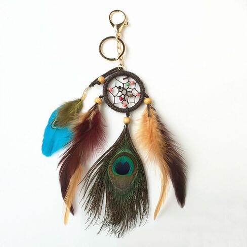 AKOAK Fashion Boho Handmade Natural Peacock Feather Dreamcatcher Keychain Car Purse Bag Keychain in Saudi Arabia