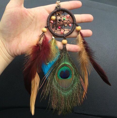 AKOAK Fashion Boho Handmade Natural Peacock Feather Dreamcatcher Keychain Car Purse Bag Keychain in Saudi Arabia