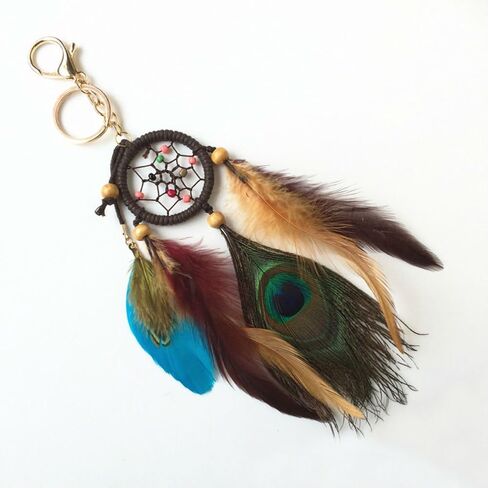 AKOAK Fashion Boho Handmade Natural Peacock Feather Dreamcatcher Keychain Car Purse Bag Keychain in Saudi Arabia