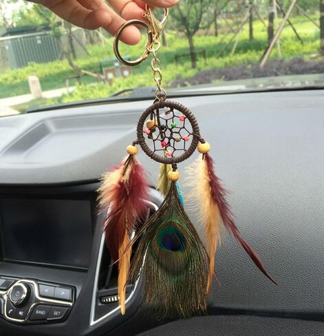 AKOAK Fashion Boho Handmade Natural Peacock Feather Dreamcatcher Keychain Car Purse Bag Keychain in Saudi Arabia
