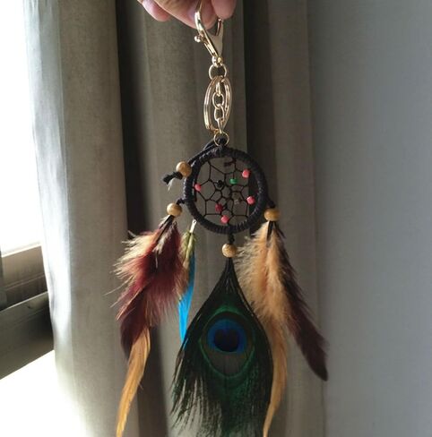 AKOAK Fashion Boho Handmade Natural Peacock Feather Dreamcatcher Keychain Car Purse Bag Keychain in Saudi Arabia