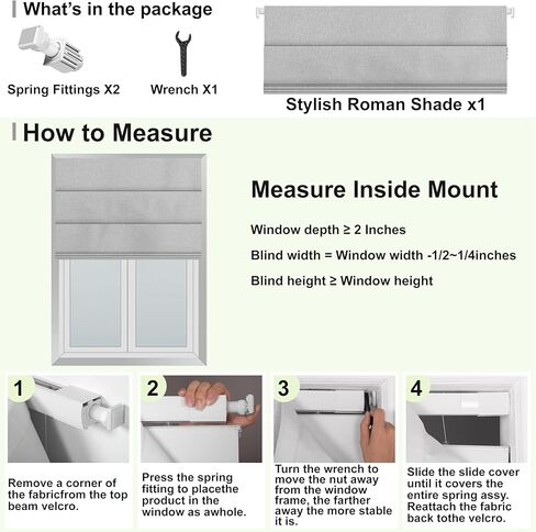 لا توجد أدوات ولا يوجد مثقاب، ظلال رومانية للتعتيم اللاسلكي، تعتيم الغرفة. ستائر دوارة للنوافذ، ستائر قابلة للطي لنوافذ غرفة النوم، غرفة المعيشة. بلاك أوت رمادي أبيض، 38 بوصة عرض × 56 بوصة ارتفاع... in Kuwait