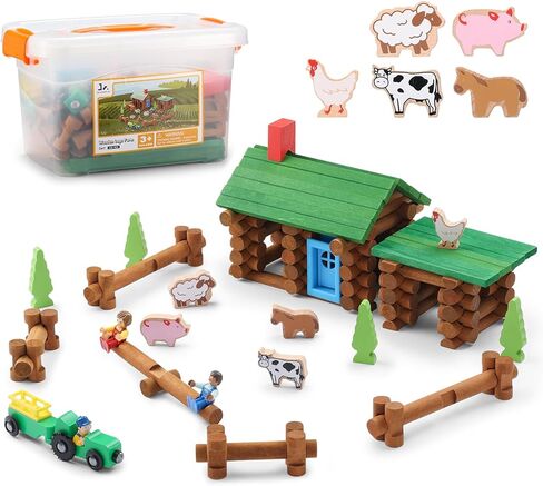 SainSmart Jr. 214 PCS Wooden Logs Cabin Set Ages 3, Building Log Gift for Boy/Girl, Creative Construction Engineering Educational Toy, Vacation Chalet in Kuwait