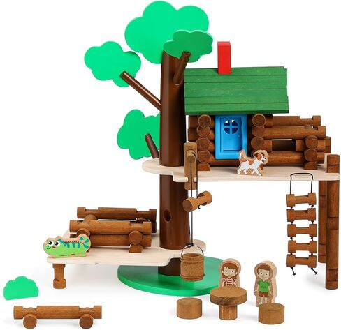 SainSmart Jr. 214 PCS Wooden Logs Cabin Set Ages 3, Building Log Gift for Boy/Girl, Creative Construction Engineering Educational Toy, Vacation Chalet in Saudi Arabia