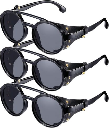 Weewooday 3 Pairs Retro Round Steampunk Sunglasses with Faux Leatherwear for Men Women in Saudi Arabia