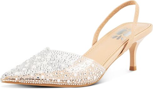 Clear Slingback Heels for Women,Pearl Kitten Heels Pointy Toe Sparkly Rhinestone Sandals Wedding Dress Shoes，Apricot 5.5 in Kuwait
