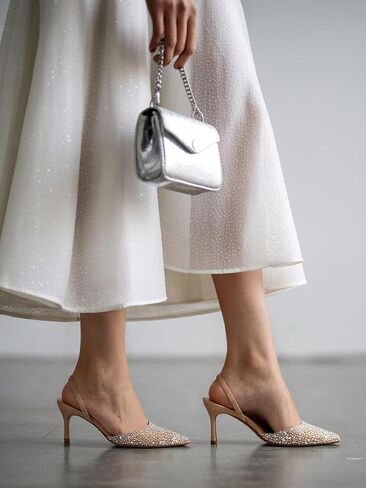 Clear Slingback Heels for Women,Pearl Kitten Heels Pointy Toe Sparkly Rhinestone Sandals Wedding Dress Shoes，Apricot 5.5 in Kuwait