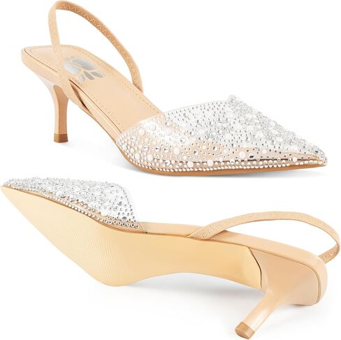 Clear Slingback Heels for Women,Pearl Kitten Heels Pointy Toe Sparkly Rhinestone Sandals Wedding Dress Shoes，Apricot 5.5 in Kuwait