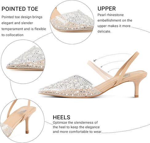 Clear Slingback Heels for Women,Pearl Kitten Heels Pointy Toe Sparkly Rhinestone Sandals Wedding Dress Shoes，Apricot 5.5 in Kuwait