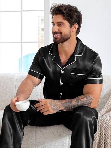 Men's Black Satin Pajama Set Short Sleeve Long Pants Lapel Button Comfortable Home Loungewear in Saudi Arabia