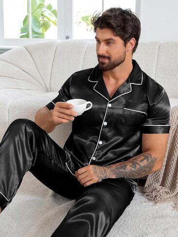 Men's Black Satin Pajama Set Short Sleeve Long Pants Lapel Button Comfortable Home Loungewear in Saudi Arabia