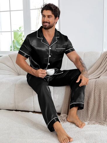 Men's Black Satin Pajama Set Short Sleeve Long Pants Lapel Button Comfortable Home Loungewear in Saudi Arabia