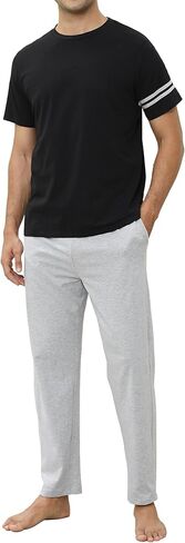 Mens Pajamas Set Cotton Short Sleeve with Pants 2 Piece PJ Set Soft Comfy Loungewear Men's Nightwear with Pockets in Kuwait