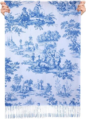 وشاح أزرق عتيق من Toile De Jouy للنساء وشاح شال من Toile De Jouy باللونين الأزرق والأبيض هدية للنساء والفتيات لمحبي الكتب in Kuwait
