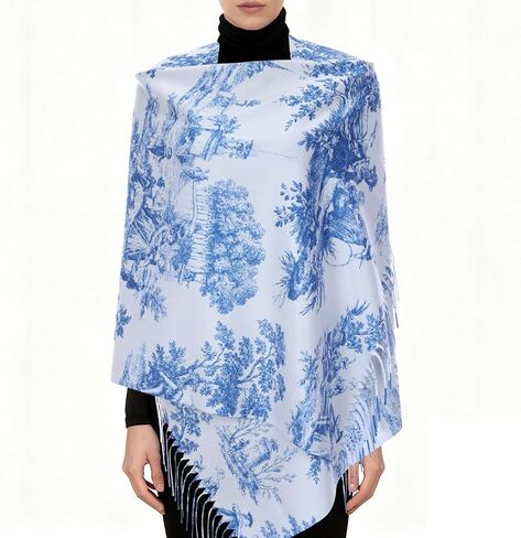 وشاح أزرق عتيق من Toile De Jouy للنساء وشاح شال من Toile De Jouy باللونين الأزرق والأبيض هدية للنساء والفتيات لمحبي الكتب in Kuwait
