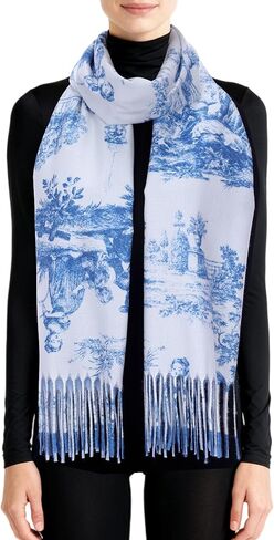 وشاح أزرق عتيق من Toile De Jouy للنساء وشاح شال من Toile De Jouy باللونين الأزرق والأبيض هدية للنساء والفتيات لمحبي الكتب in Kuwait