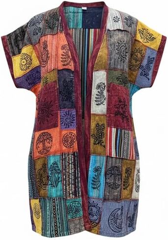 Ezhippie Women’s Handmade Patchwork Cotton Short Sleeve Open Front Boho Lightweight Festival Hippie Summer Shirt in Kuwait
