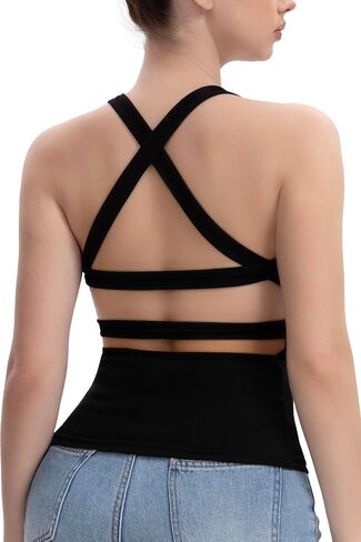Women's Criss Cross Back Tank Top with Built-in Bra - Open Back Ribbed Shirts Double Lined Racerback Summer Y2K Tops in Kuwait