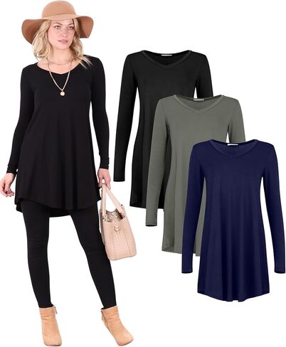 Popana 3 Pack Long Sleeve Tunic Tops for Women, Loose Fit Dressy Long Tops to Wear with Leggings, Soft Stretchy in Kuwait