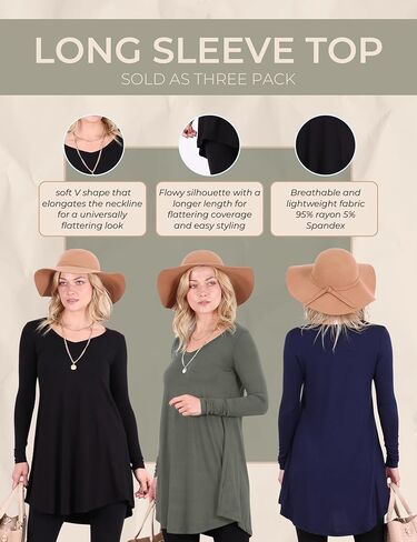 Popana 3 Pack Long Sleeve Tunic Tops for Women, Loose Fit Dressy Long Tops to Wear with Leggings, Soft Stretchy in Saudi Arabia