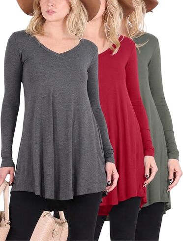 Popana 3 Pack Long Sleeve Tunic Tops for Women, Loose Fit Dressy Long Tops to Wear with Leggings, Soft Stretchy in Saudi Arabia