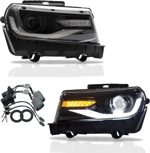VLAND Headlights Assembly with D2H Bulbs Fit for Chevy Camaro 5th Generation 2014 2015, LS, LT, SS, ZL1, Z/28, Headlamp with Sequential Turn Signal, Dual Beam Lens, Full LED DRL Bars in Saudi Arabia