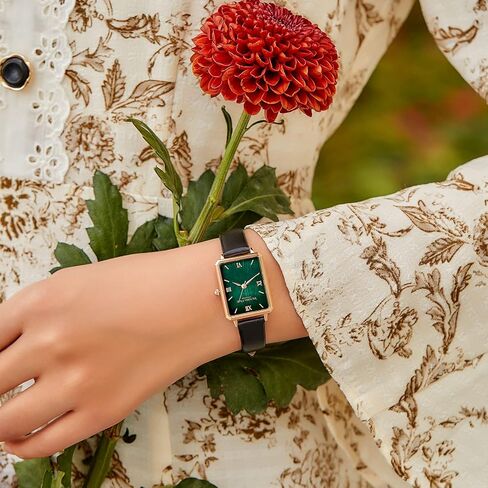 VICTORIA HYDE Gorgeous Women's Watch Green Mother of Pearl Dial Elegant Timepiece Rectangular Face Watches with Black Leather Band (Black) in Kuwait