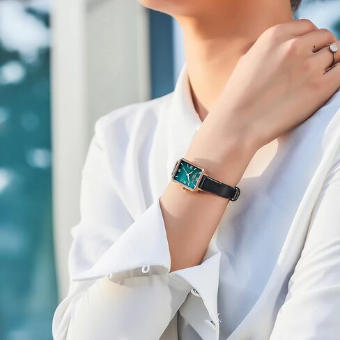 VICTORIA HYDE Gorgeous Women's Watch Green Mother of Pearl Dial Elegant Timepiece Rectangular Face Watches with Black Leather Band (Black) in Kuwait