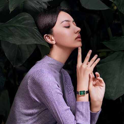 VICTORIA HYDE Gorgeous Women's Watch Green Mother of Pearl Dial Elegant Timepiece Rectangular Face Watches with Black Leather Band (Black) in Kuwait