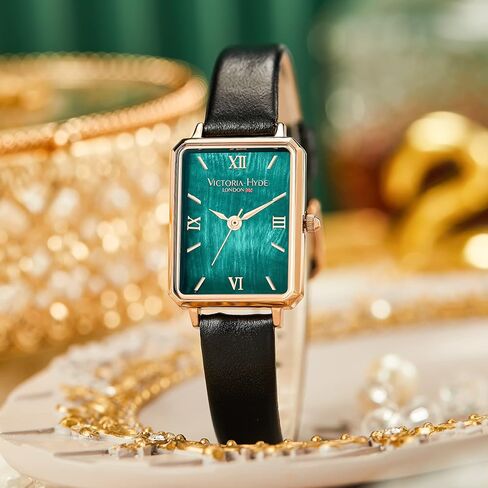VICTORIA HYDE Gorgeous Women's Watch Green Mother of Pearl Dial Elegant Timepiece Rectangular Face Watches with Black Leather Band (Black) in Kuwait