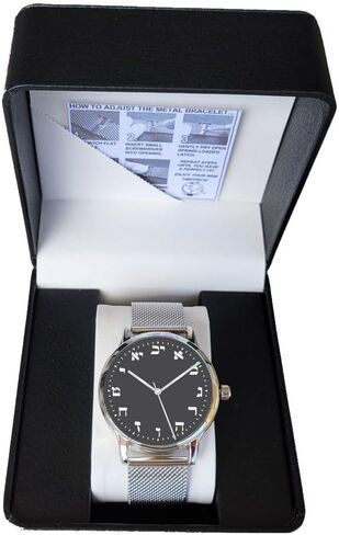 Hebrew Numbers Polished Chrome Large Size Round Watch Has Black Dial with Stainless Steel Mesh Band in Saudi Arabia
