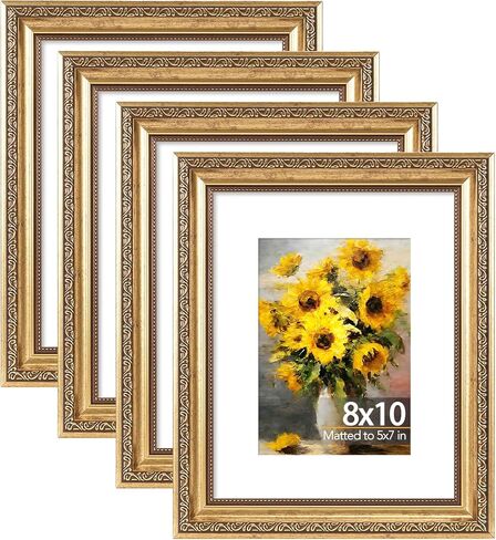 5x7 Vintage Picture Frame with 4x6 Mat Set of 4, Elegant Retro 5 by 7 Photo Frame with Shatter-Resistant Plexiglass for Wall or Tabletop Display, Gallery Decor & Gift, Gold, 4 Pack in Saudi Arabia