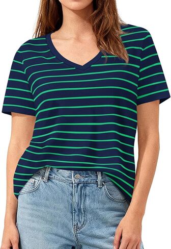 PRETTYGARDEN Short Sleeve Shirts for Women 2026 Spring V Neck Cute Tops Casual Striped Shirt Knitted Tees Summer Outfits in Saudi Arabia