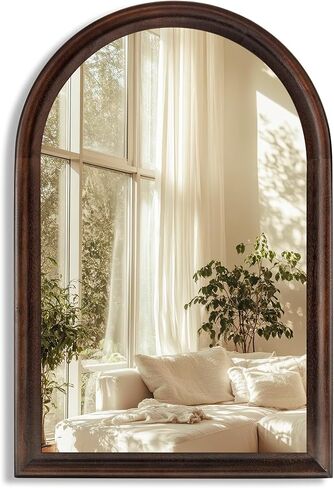 مرآة حمام مقوسة بإطار من الخشب البني الداكن من Tanmicoshomy مقاس 24 × 36 بوصة، مرآة حائط خشبية لغرفة المعيشة أو غرفة النوم أو المدخل in Kuwait