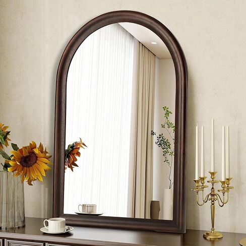 مرآة حمام مقوسة بإطار من الخشب البني الداكن من Tanmicoshomy مقاس 24 × 36 بوصة، مرآة حائط خشبية لغرفة المعيشة أو غرفة النوم أو المدخل in Kuwait