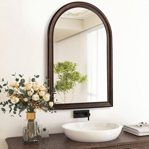مرآة حمام مقوسة بإطار من الخشب البني الداكن من Tanmicoshomy مقاس 24 × 36 بوصة، مرآة حائط خشبية لغرفة المعيشة أو غرفة النوم أو المدخل in Kuwait