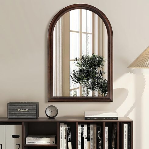 مرآة حمام مقوسة بإطار من الخشب البني الداكن من Tanmicoshomy مقاس 24 × 36 بوصة، مرآة حائط خشبية لغرفة المعيشة أو غرفة النوم أو المدخل in Kuwait