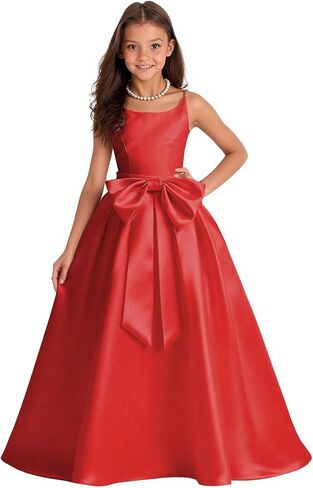 Flower Girl Dress for Wedding Long Satin Pageant Dresses for Girls Bow-Knot Princess Prom Gown Puffy Ball Gown in Kuwait