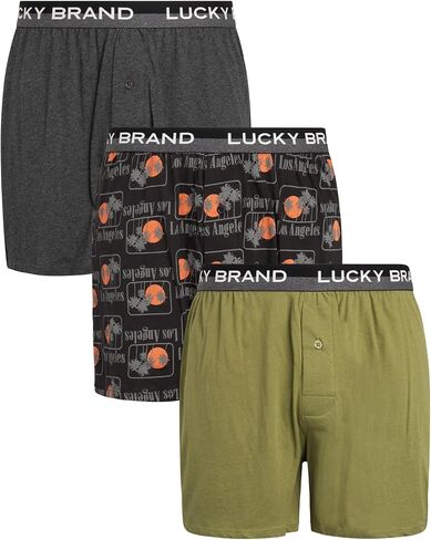 Lucky Brand Mens Boxer Shorts - 3 Pack Super Soft Knit Relaxed Fit Cotton Underwear Boxers for Men with Button Fly, 4" Inseam in Kuwait