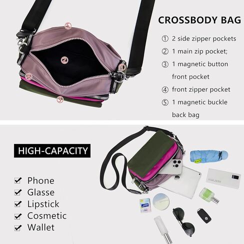 Cross body Purse Nylon Quilted Crossbody Bags for Women, Small Shoulder Handbag multi pocket purses with 4 Zippers, Travel | multi pocket purses in Saudi Arabia