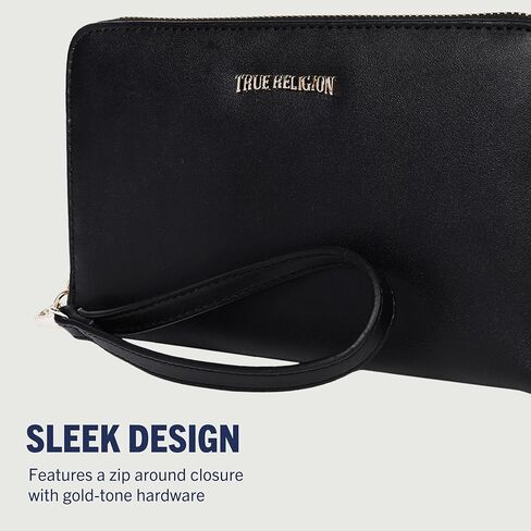 True Religion East/West Zip-Around Wallet, Sleek Everyday Organizer, Detachable Wristlet Strap, Black in Saudi Arabia