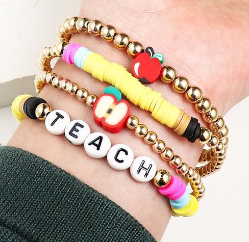 Teacher Appreciation Stackable Bracelets Colorful Solf Clay Love Teach Inspire Letter Beaded Handmade Adjustable Jewelry Sweet Teacher Back to School Gifts for Women in Saudi Arabia
