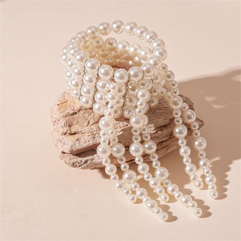 Sither Layerd Pearls Bracelet for Women Boho Large Pearls Stretch Bracelet Jewelry Set for Halloween Christmas Gift in Saudi Arabia