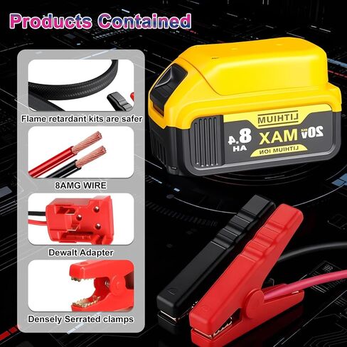 مشابك كابل توصيل متوافقة مع بطارية ديوالت 20 فولت، 2.95 قدم 8AWG سلك توصيل سلكي من السيليكون، كابل معزز للسيارات لبدء تشغيل السيارة باستخدام بطارية الأداة، مقاومة للحرارة 200 درجة مئوية in Kuwait