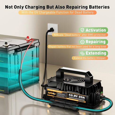 Suraziki 36V Lithium Golf Cart Battery Charger -43.8Volt 25AMP Onboard LiFePO4 Charger for 38.4V 12S Marine Solar Batteries,Waterproof Smart Charger with 0V BMS Activate Mode in Saudi Arabia