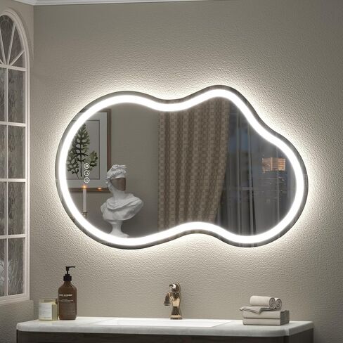 مرآة حمام LED غير متناظرة مقاس 24 × 36 بوصة، مرآة زينة بإضاءة LED غير منتظمة مع أضواء للجدار، مضادة للضباب، قابلة للتعتيم، 3 ألوان، ذاكرة (أفقي/عمودي) in Kuwait