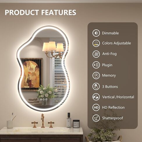 مرآة حمام LED غير متناظرة مقاس 24 × 36 بوصة، مرآة زينة بإضاءة LED غير منتظمة مع أضواء للجدار، مضادة للضباب، قابلة للتعتيم، 3 ألوان، ذاكرة (أفقي/عمودي) in Kuwait