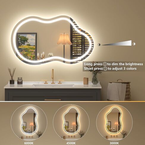 مرآة حمام LED غير متناظرة مقاس 24 × 36 بوصة، مرآة زينة بإضاءة LED غير منتظمة مع أضواء للجدار، مضادة للضباب، قابلة للتعتيم، 3 ألوان، ذاكرة (أفقي/عمودي) in Kuwait