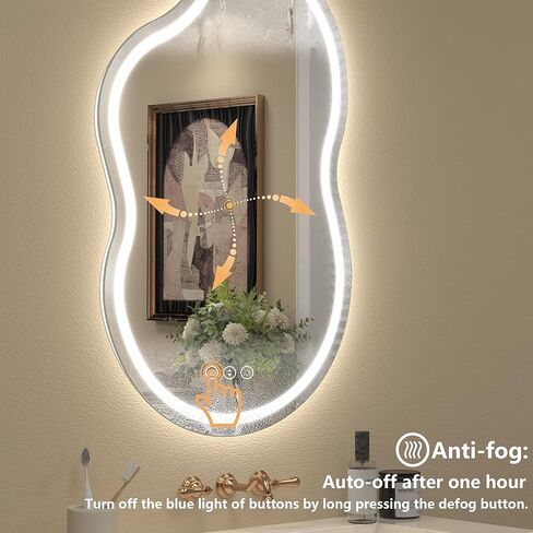 مرآة حمام LED غير متناظرة مقاس 24 × 36 بوصة، مرآة زينة بإضاءة LED غير منتظمة مع أضواء للجدار، مضادة للضباب، قابلة للتعتيم، 3 ألوان، ذاكرة (أفقي/عمودي) in Kuwait